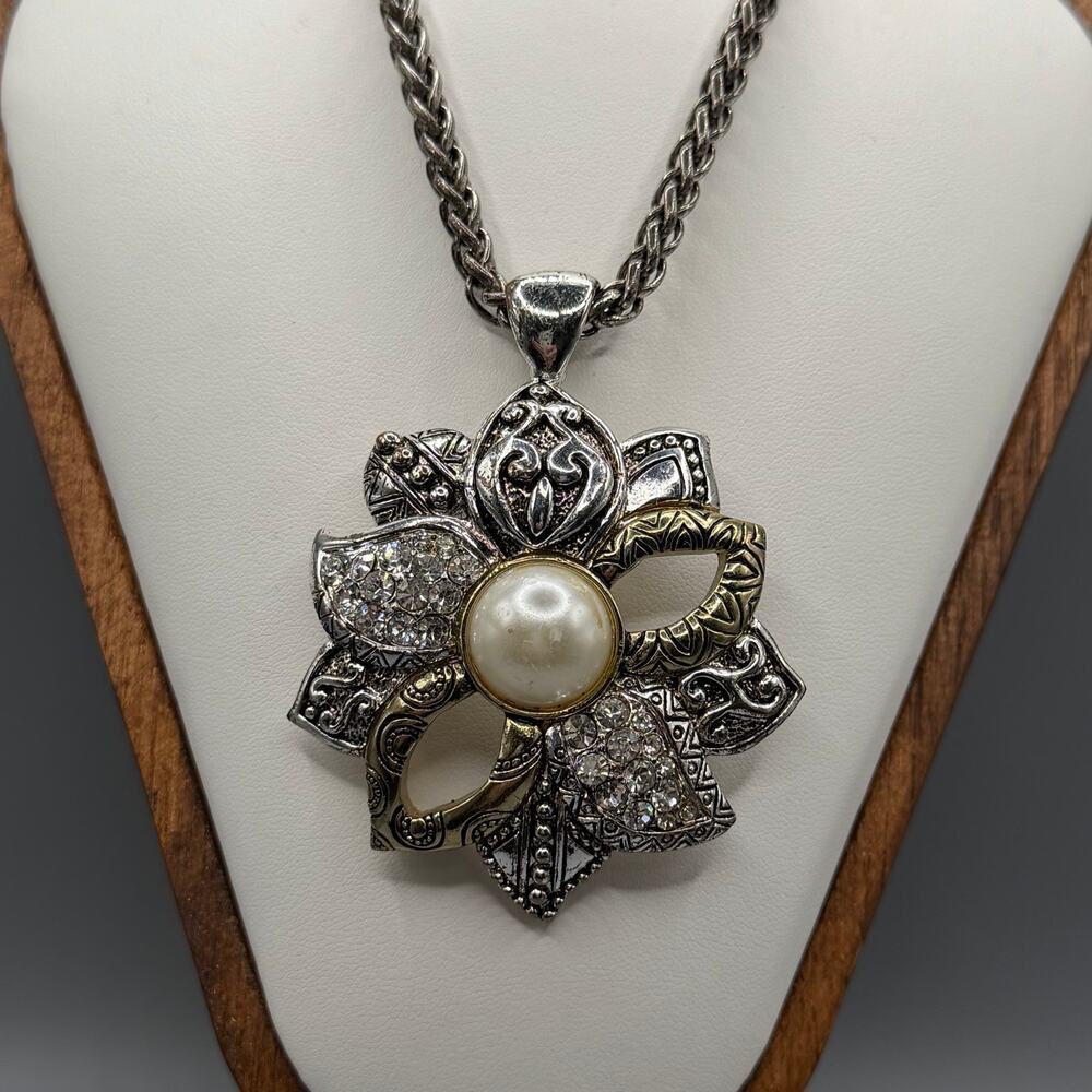 Silver & Gold Tone - Pearl Floral Statement Necklace